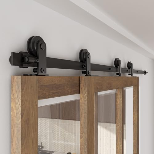6FT/183CM Herrajes Puertas Correderas Kit de Rieles para Puerta Corredera Doble Bypass Fácil de Instalar, Negro Forma T