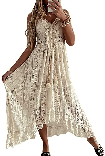 Yoisdtxc Women's Summer Casual Lace Hem Dress Deep V Neck Sleeveless Beachwear Spaghetti Straps Backless Ruffle Mini Dress (A-Beige, XXL)