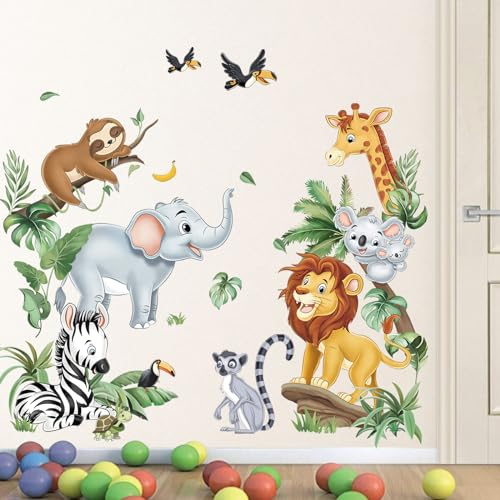 decalmile Adesivi Murali Animali della Giungla Safari Adesivi da Parete Elefante Leone Giraffa Porte Decorazione Murale Camerette Bambini Asilo Nido Camera da Letto