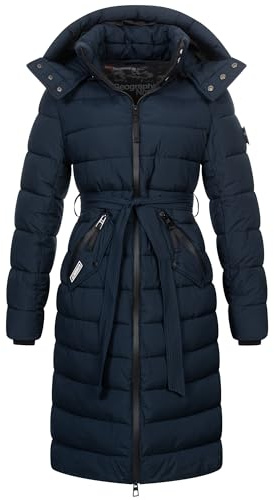 Geographical Norway Damen Winter Jacke Mantel Parka Steppjacke Steppmantel Wintermantel Lange Jacke 2 wege Reisverschluss Kapuze abnehmbar Produktion H-H, Farbe:Navy, Größe:XL 42
