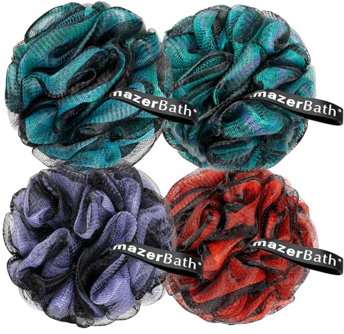 AmazerBath Charcoal Loofah Sponge, Shower Loofah 60g/PCS - Body Scrubber Loofa Set of 4 - Charcoal Blue, Green, Purple & Red, Bath Sponge for Men and Women