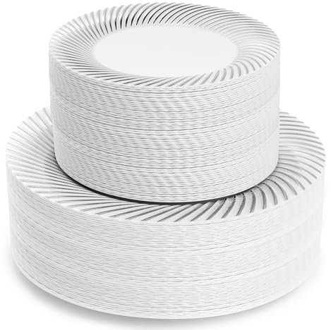 MATANA 120 Assiettes en Plastique Réutilisables Blanches Premium avec Bordure Argentée (60 Assiettes Plates, 60 Assiettes à Dessert) - Solide & Incassable pour Mariages, Anniversaires, Fêtes