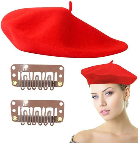 EHDWXVZM 1 Rote Baskenmütze, 2 Clips, Damenbaskenmütze, Melone, Retro-Malermütze, Französische Mütze, Wollmütze