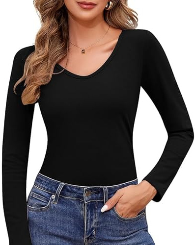 Jiuday Thermo Oberteil Damen Rollkragen Fleece Pullover Thermoshirt Langarm Warme Thermo Gefüttert Langarmshirt Oberbekleidung Drinnen im Winter (Schwarz-V Ausschnitt,M)