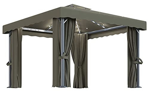 Tidyard Tonnelle avec Rideau et Guirlande Lumineuse à LED 3x3 m Taupe Tonnelle de Jardin Belvédère de Réception, Gazebo Pavillon de Extérieur, Chapiteau pour Camping, Fête, Barbecue
