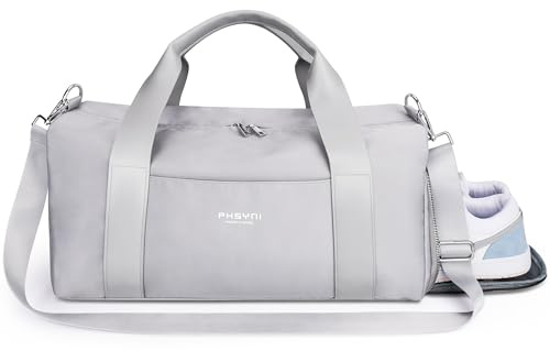 Gym Bag for Women,Pu Leather Handle,Dry Wet Separated with Shoe Compartment & Wet Pocket,Waterproof Duffle Bag for Travel Sports Fitness Workout Athletic (Grey,19-Medium)