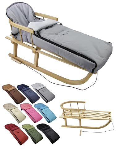 Kombi-erbjudande [träsläde universell vinteråkpåse 108 cm] kälke med ryggstöd och dragrep, fotsäck, lämplig för babystol, barnvagn, buggy med termofleece (ljusgrå)