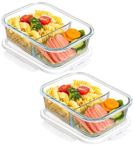 LEKEFETO Lot de 2 boîtes de conservation en verre avec couvercle à 2 compartiments, 1040 ml, boîtes de conservation en verre sans BPA, hermétiques, pour lave-vaisselle, micro-ondes, four