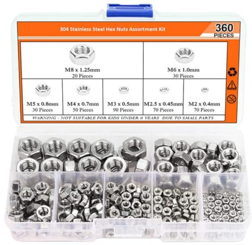 Juego de 360 tuercas hexagonales, tuercas autoblocantes, contratuercas, contratuercas de acero al carbono para tornillos, tuercas hexagonales roscadas para tornillos, M2, M2,5, M3, M4, M5, M6, M8