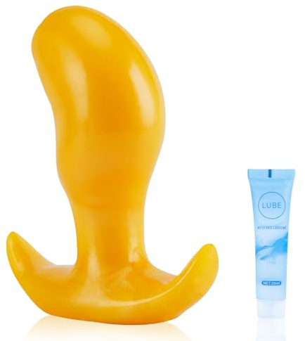 Yellow Soft Silicone Anal Plug, and Anal Dilator with Handle, Suitable for Men and Women, Provides A Great Experience for Masturbation and Prostate Massage, BDSM Sex Toy for Couples (M)