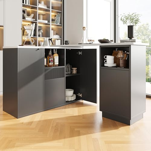 ModernLuxe 360° Swivelling Bar Table, Breakfast Bar with Open Storage Space and Marble Worktop, Modern and Sleek Design, Innovative Kitchen Islands, Suitable for Dining Room, Black, 198.5x30x75cm