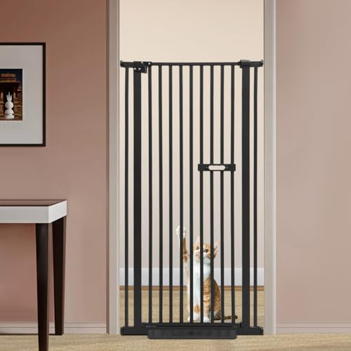 Rejilla de protección para escaleras, sin taladrar, barrera de acero al carbono, rejilla para perros y gatos, ajustable, cierre automático de puerta, rejilla protectora para escaleras, color negro