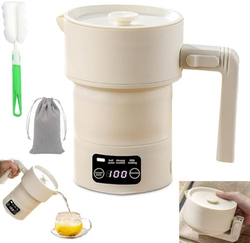 GOMETY Hervidor de agua portátil plegable de 0,6 l, hervidor de agua eléctrico, plegable, hervidor de agua eléctrico de viaje, pequeño portátil, para camping, con indicador de temperatura en tiempo