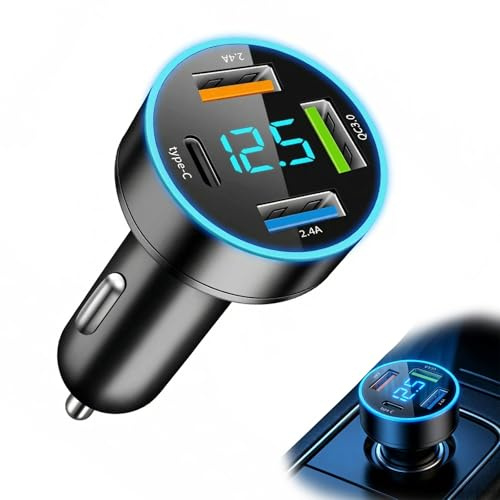 Cargador de Coche USB de 4 Puertos, 53W con Carga Rápida, Doble PD & QC3.0, Voltímetro LED para Monitoreo de Batería, Compatible con Tablets y Smartphones en Vehículos de 12V/24V, Portátil y Seguro