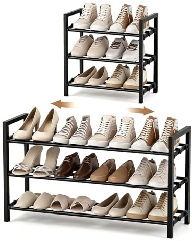 Anhow Scarpiera a 3 Livelli, Scarpiera Salvaspazio Espandibile Portascarpe Aperta in Metallo per 6-12 Paia di Scarpe per Ingresso, Soggiorno, Corridoio, Camera da Letto, Armadio, Esterno (Nero,Piazza)