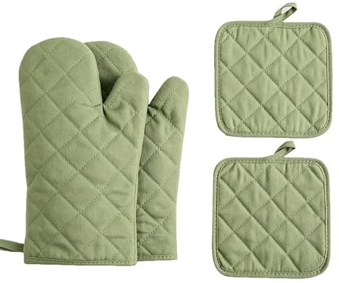 Set di 4 guanti da forno e presine, alta resistenza al calore, 500 gradi, extra spessi, lunghi, guanti da cucina in cotone per cucinare (30,5 cm, verde)