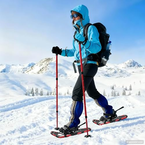 GeenYuu 3-i-1 snöskor med vandringspinnar, röd och svart, aluminium och HDPE, 63,5 x 21 cm, justerbar för kvinnor och män barn, halkfria, perfekta för vandring, vinter, snöturer