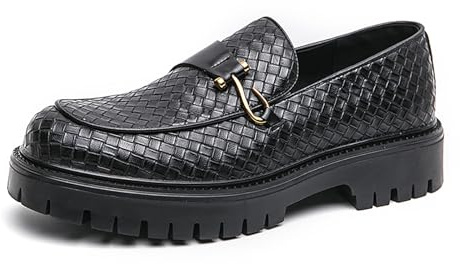 Mocassins À Talon Épais Et Semelle Compensée en Cuir Synthétique pour Homme – Chaussures De Travail Formelles, Décontractées Et d'affaires, À Motif Tressé, Antidérapantes,Noir,42.5 EU
