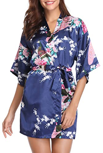 Vlazom Women Kimono Robes Satin Bathrobe Peacock and Blossoms Dressing Gown Short Silk Bridal/Bridesmaid Robe Dark Blue，M