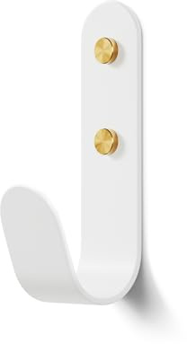 The Hairpin Leg Co. J-Hook Coat & Wall Hook, White & Brass, Single | Oversized curved 133mm steel hook; holds 15kg; 58mm projection; contrasting caps; fixings & drilling template; indoor only