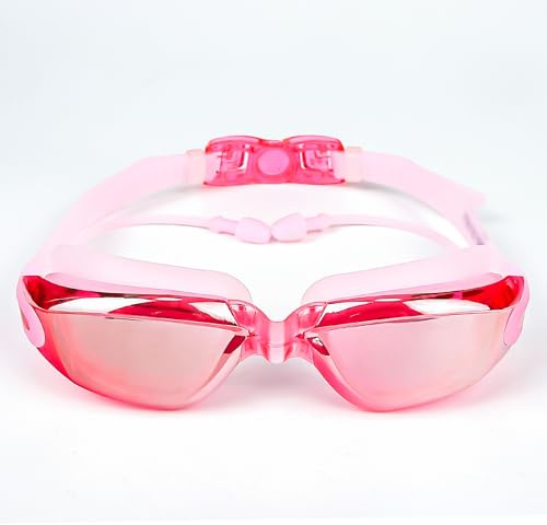 Hersvin Gafas de Natación Anti-UV Antivaho con Puente Nasal Extraíble, Tapones para Los Oídos Siameses para Adultos Hombres Mujeres Niños
