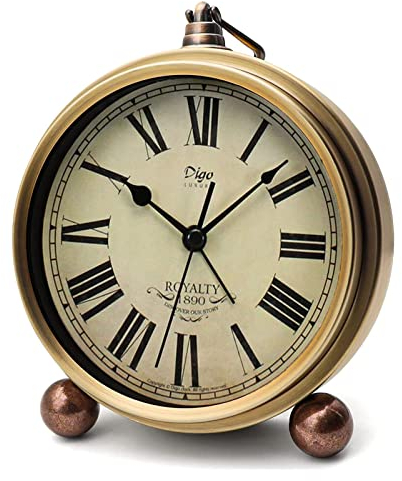 Maxspace Table Clock, Golden Metal Retro Non-Ticking Alarm Clock for Bedroom, Vintage Battery Operated Silent Quartz Movement HD Glass Small Desk Clock for Living Room Indoor Decoration