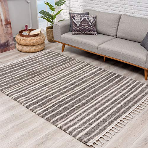 carpet city Teppich Hochflor Wohnzimmer - Ethno Stil 120x160 cm Grau Creme - Teppiche mit Fransen