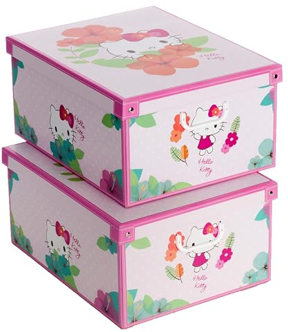 Lavatelli SET 2 Cajas organizadoras HELLO KITTY, de almacenamiento ropa, almacenaje decorativas en carton, 39x50x24cm, para armario, baul, bolsas, ropa, juguetes, jardineria, con tapa, MIX1