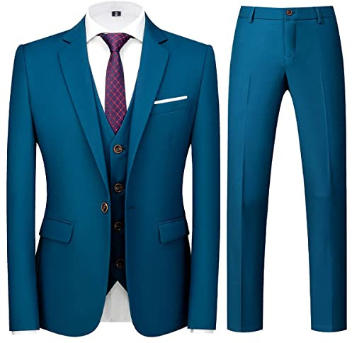 Allthemen Herrkostym med 3 delar, slim fit, enkelknäppt bröllops-/affärskostym, kavaj, väst och byxor, blå, S