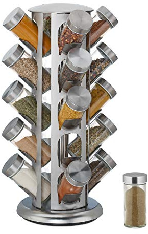 Relaxdays Tourniquet à épices, avec 20 Pots, étagère rotative à 360°, INOX, Verre, carrousel, HxD 39 x 22 cm, Argent