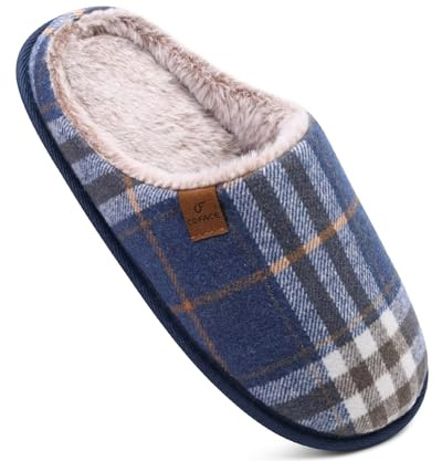 COFACE Blau Herren Rückstellschaum hausschuhe, warme plaid Pantoffeln für manner, flauschig plüsch Gefüttert mit Rutschfeste Gummisohle Größe 44EU