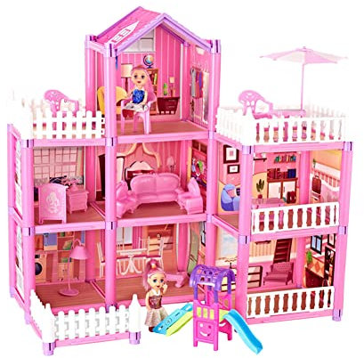 Maison de Poupées, Trois Couches étages Maison Poupée, Maison de Poupée avec Meubles et Accessoires, Jouet de Rôle, Jouets de Maison de poupées de pour Filles (162pcs)