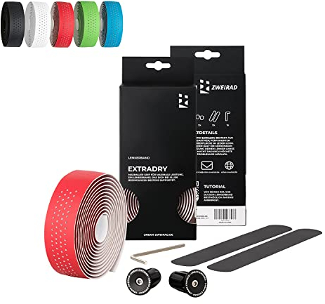 URBAN ZWEIRAD Premium Extra Dry - Fahrrad Lenkerband Rennrad - Griffband selbstklebend inkl. Alu Lenkerstopfen - Gravel, Rennrad Lenkerband (rot)