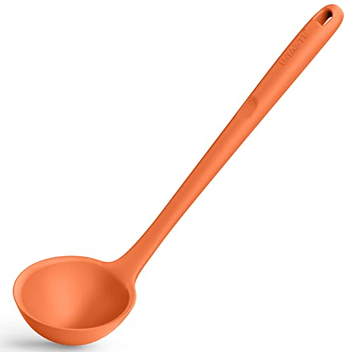 34 cm Silicone Soup Ladle: U-Taste 315℃ Heat Resistant Non-Stick Seamless Rubber Large Kitchen Deep Serving Spoon with Non-Slip Solid Long Handle for Cooking Sauce, Stews, Gravies, Chili (Orange)