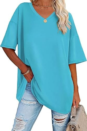Ebifin Maglietta Oversize da Donna con Scollo a V Manica Corta Casual Sciolto di Base Estivo Magliette Camicetta.Azzurro.XL