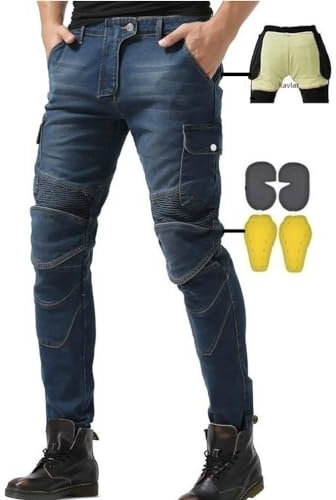CBBI-WCCB Herren Moto Jeans Motorrad Hose mit Protektoren Motorradhose mit Aramid Schutzfutter Oberschenkeltaschen (Blau, XL=34W / 32L)