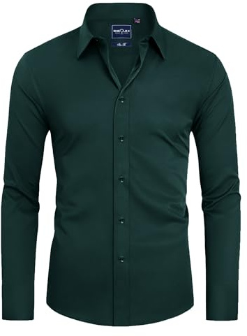 DEMEANOR Camicia da uomo a maniche lunghe, da lavoro, slim fit, business, facile da stirare, per il tempo libero, verde scuro, M