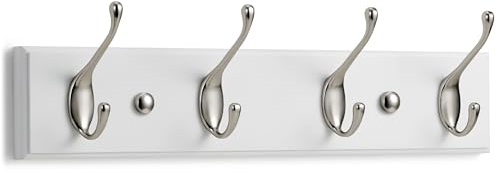 LARHN White Coat Hooks Wall Mounted Coat Rack - 4 Matt-Nickel Wall Hooks - 42 cm - All Fixings Included for Quick & Easy Installation