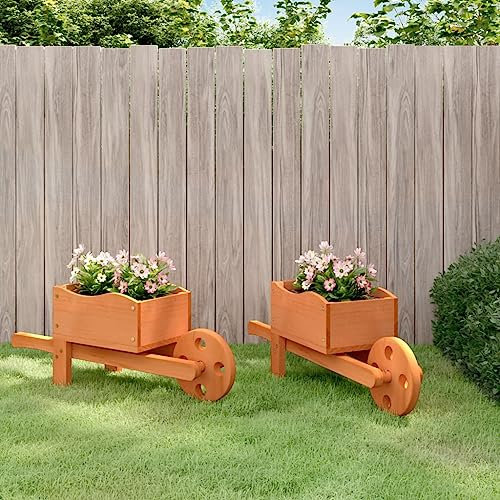qohoio Wheelbarrow Planters 2 pcs 47x15x19 cm Solid Wood Fir,Wooden Wheelbarrow Planter for Garden Outdoor Patio Summer Cart