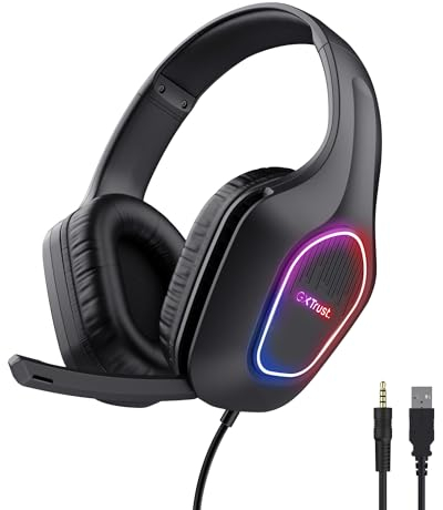 Trust Gaming GXT 419 Rayne Leichtes Gaming Headset für PC/Konsole, USB-betriebene LED Beleuchtung, 50-mm-Treiber, 3,5 mm Audioanschluss, Over-Ear Kopfhörer mit Kabel Computer Laptop, Schwarz