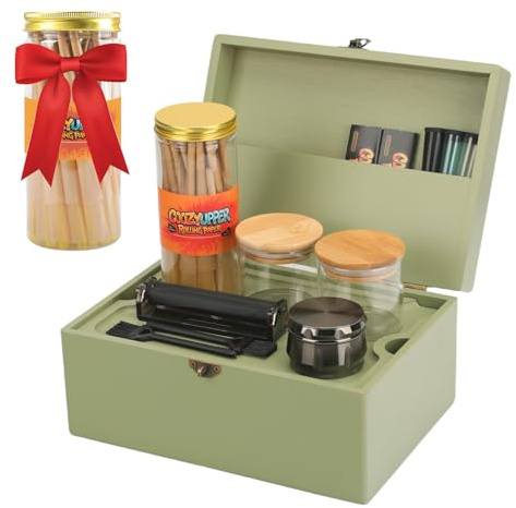 Coozyupper Large Bamboo Storage Box with Removable Tray Kit - Decorative Box Set, Glass Jars, and Accessories Wooden Storage Kit and Accessories Tool.Birthday Gifts
