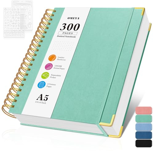 Bullet Dotted Journal Spiral Notebook, 300 Pages Leather Notebooks with Contens, 120 GSM Thick No Bleed Through Paper Journals, A5 Dot Grid Notebook for Women Men School Work Writing, 5.5 x 8, Green