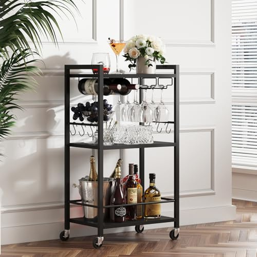 TUTOTAK Drinks Trolley, Bar Cart with 3-Tier Shelf, Serving Trolley with Wine Rack, Glass Holder, Rolling bar cart for the Home, Living Room, Black V1BC01BK035EU