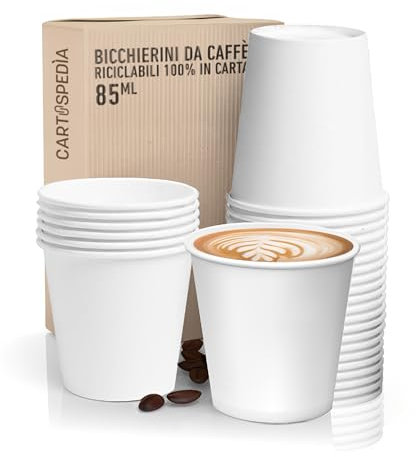 CARTOSPEDÌA 1000 Vasos de Papel para Café 85 ml – Desechables, Biodegradables, Total White – Vasos Espresso Made in Italy 100%, Accesorios Imprescindibles para Café