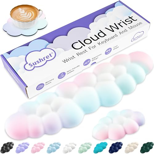Sushret Cloud Wrist Rest Keyboard, Cloud Keyboard Wrist Pad Set with PU Leather Memory Foam, Cute Arm Rest for Palm Support, PC/Gaming Desk Accessories/Office Setup/Computer Hand Cushion - Rainbow