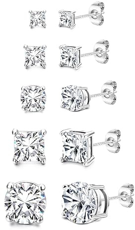 Herren 925 Sterling Silber Ohrringe 5 Paare 14k vergoldete Ohrringe für Frauen Runde & Quadrat Kubik Zirkonia hypoallergene Studs Ohrring Set Größe 3/5/8mm, Silber1