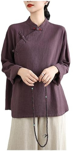 DAYKET Damen Kung-Fu-Anzug aus Baumwolle und Leinen, Chinesische Kampfkunst-Uniform, Meditationsanzug, Langärmeliges Hemd und Hose,Purple-XXL
