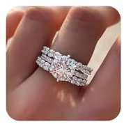 HUUGVBCO 925 Sterling Silver Shiny Full Diamond Zircon Rings 3PCS Sets of Rings Cushion Cut Zircon Diamonds Stone Engagement Wedding Band Ring 6#