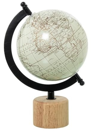Globe terrestre en métal et base en bois blanc et naturel 21,5 x 15 x 13 cm