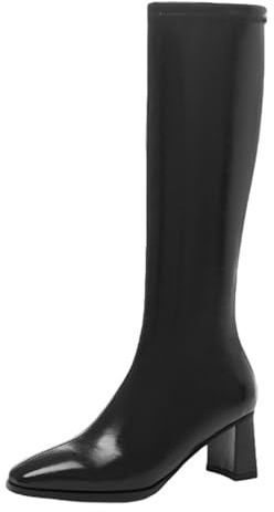CUTEHEELS Botas altas hasta la rodilla para mujer con tacón de bloque | tacón de 6 cm, punta cuadrada con cremallera, Negro , 46 EU